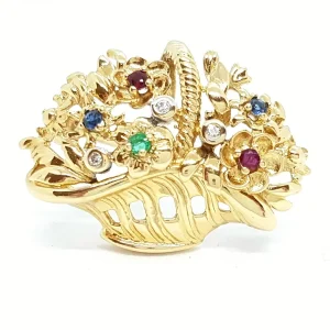 Broche Or jaune Diamant, Emeraude, Rubis