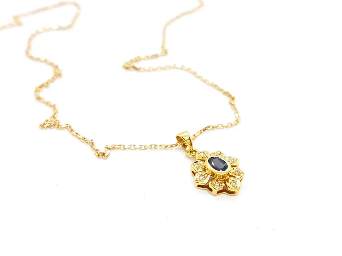 Collier Chaîne + pendentif Or jaune Saphir, Diamant