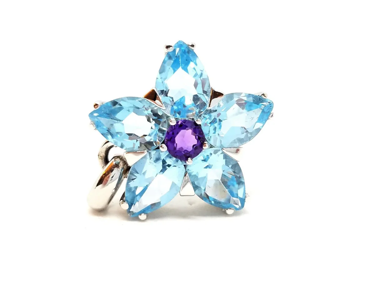 Pendentif Fleur Or blanc Améthyste, Topaze