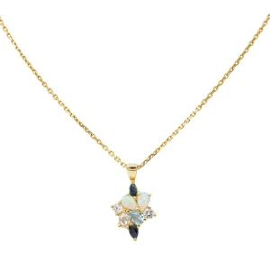 Collier Chaîne + pendentif Or jaune Opale, Diamant, Aigue marine