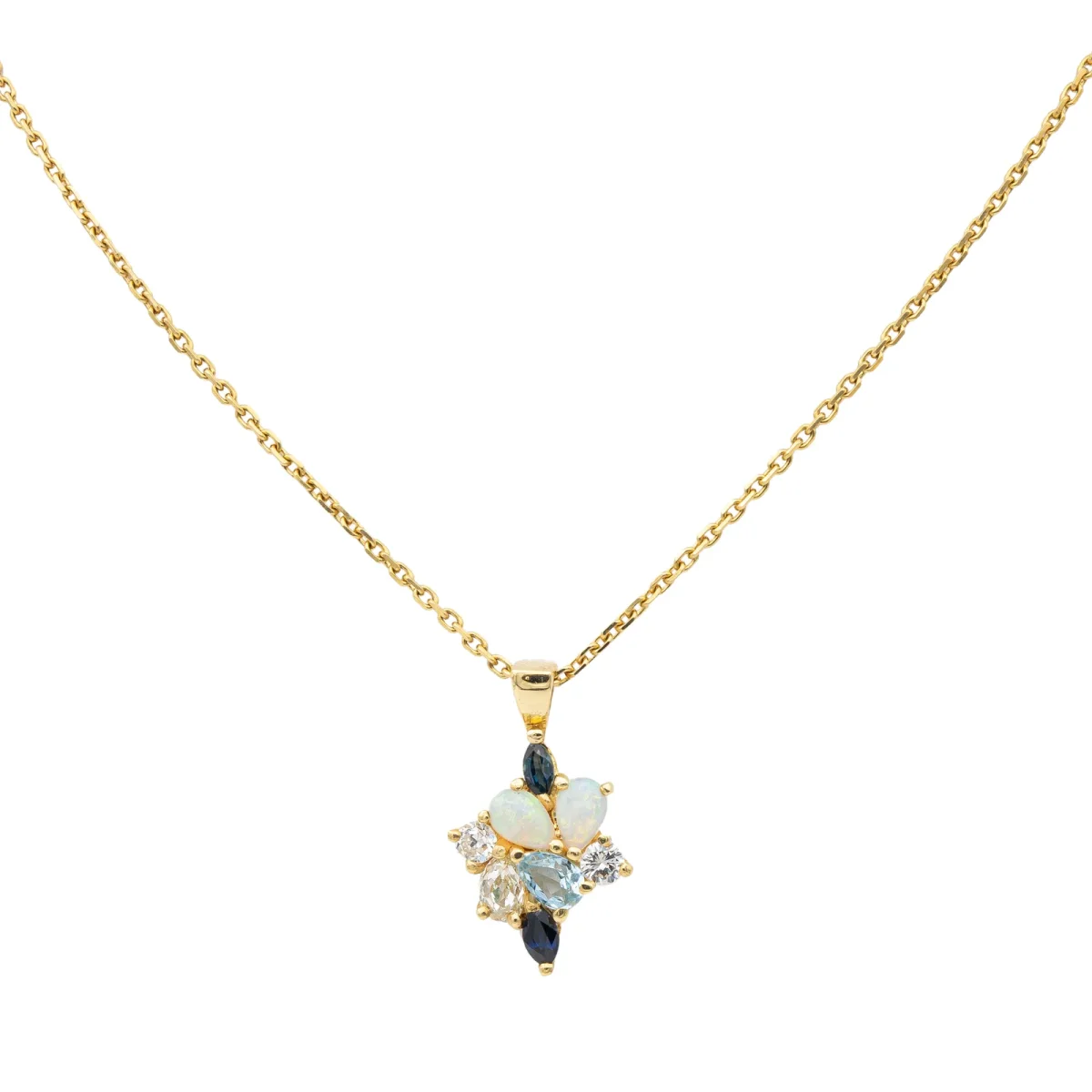 Collier Chaîne + pendentif Or jaune Opale, Diamant, Aigue marine – Image 2