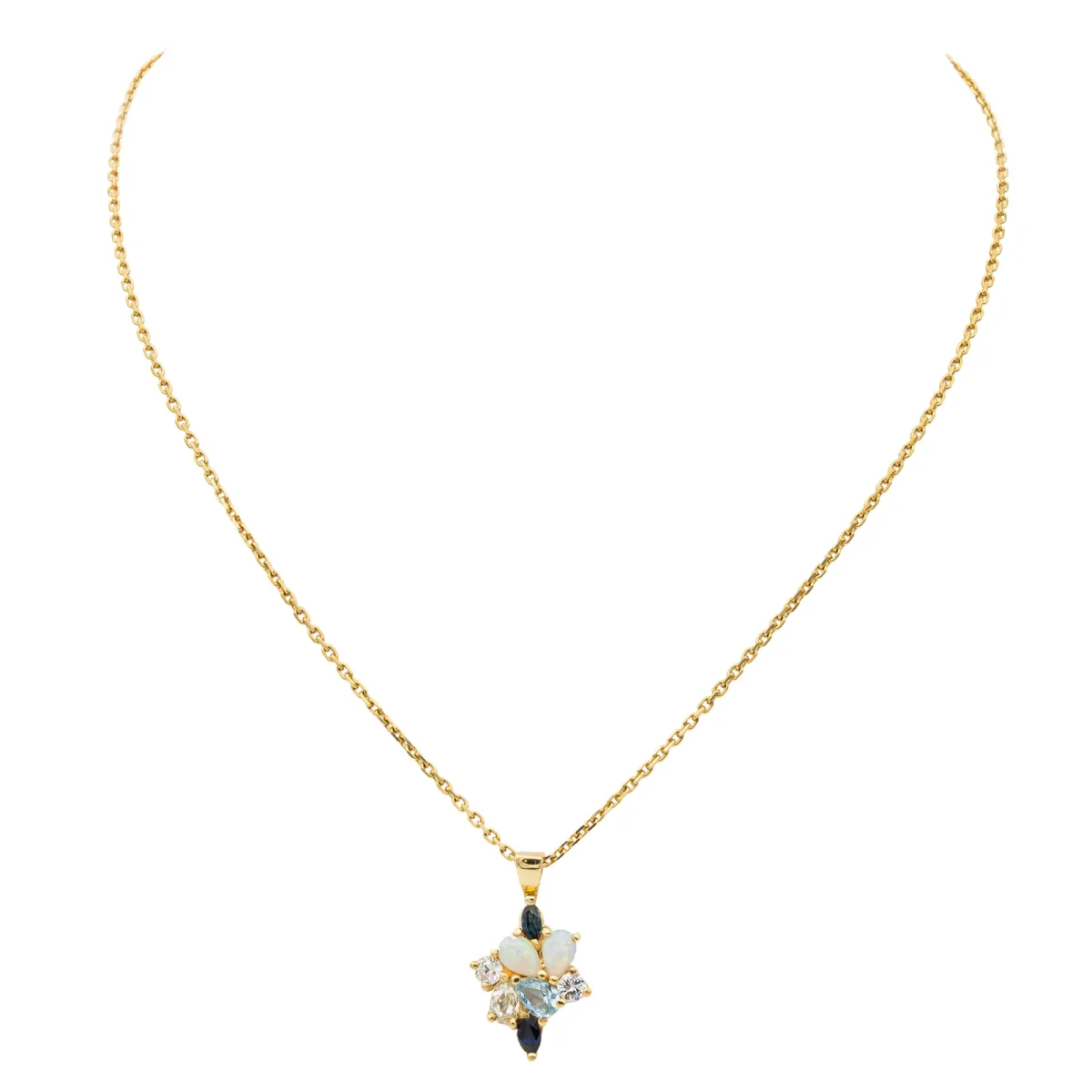 Collier Chaîne + pendentif Or jaune Opale, Diamant, Aigue marine – Image 4