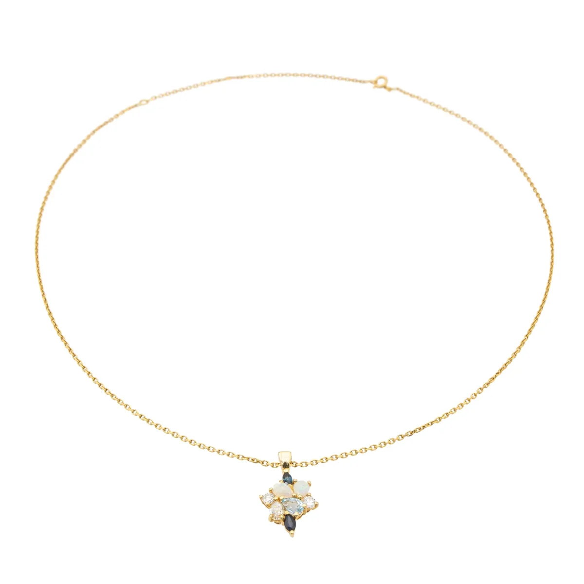 Collier Chaîne + pendentif Or jaune Opale, Diamant, Aigue marine – Image 8