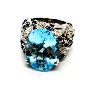 Bague Cocktail Or blanc Topaze, Saphir, Diamant