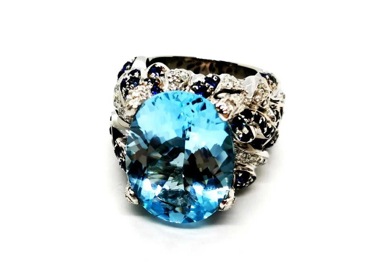 Bague Cocktail Or blanc Topaze, Saphir, Diamant – Image 2