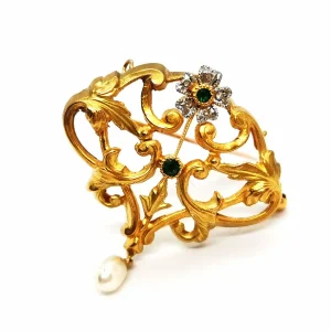 Pendentif Fleur Or jaune, Or blanc Perle, Emeraude, Diamant