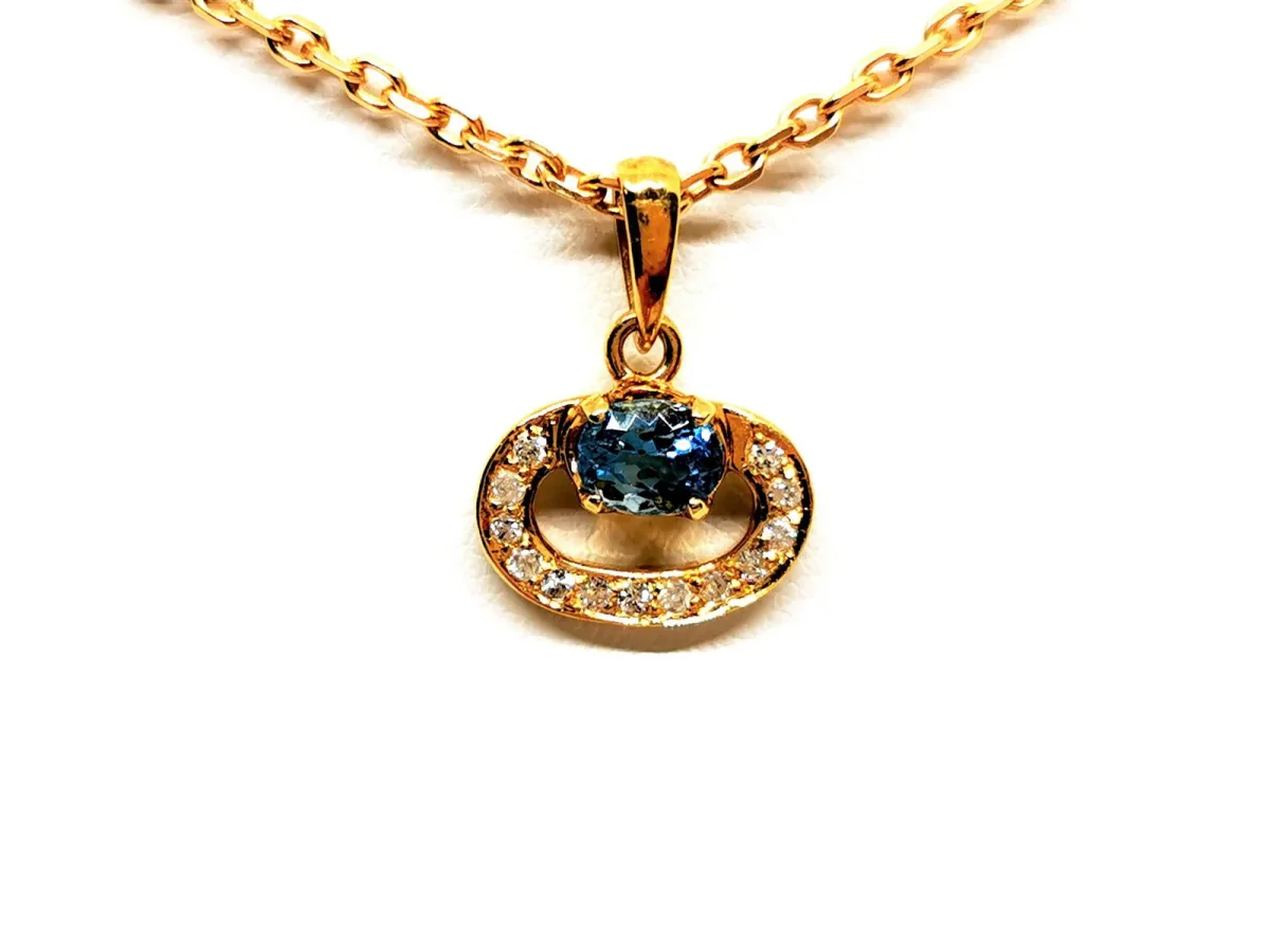 Collier Chaîne + pendentif Or jaune Aigue marine, Diamant
