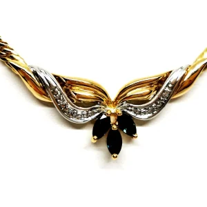Collier Maille anglaise Or jaune, Or blanc Saphir, Diamant