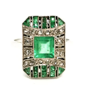 Bague Art déco Or blanc, Platine Emeraude, Diamant