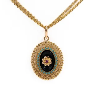 Collier Sautoir Or jaune Rubis, Onyx, Turquoise