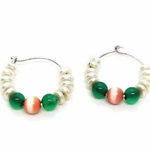 Boucles d'oreilles Créoles Or blanc Perle, Agate, Œil de tigre