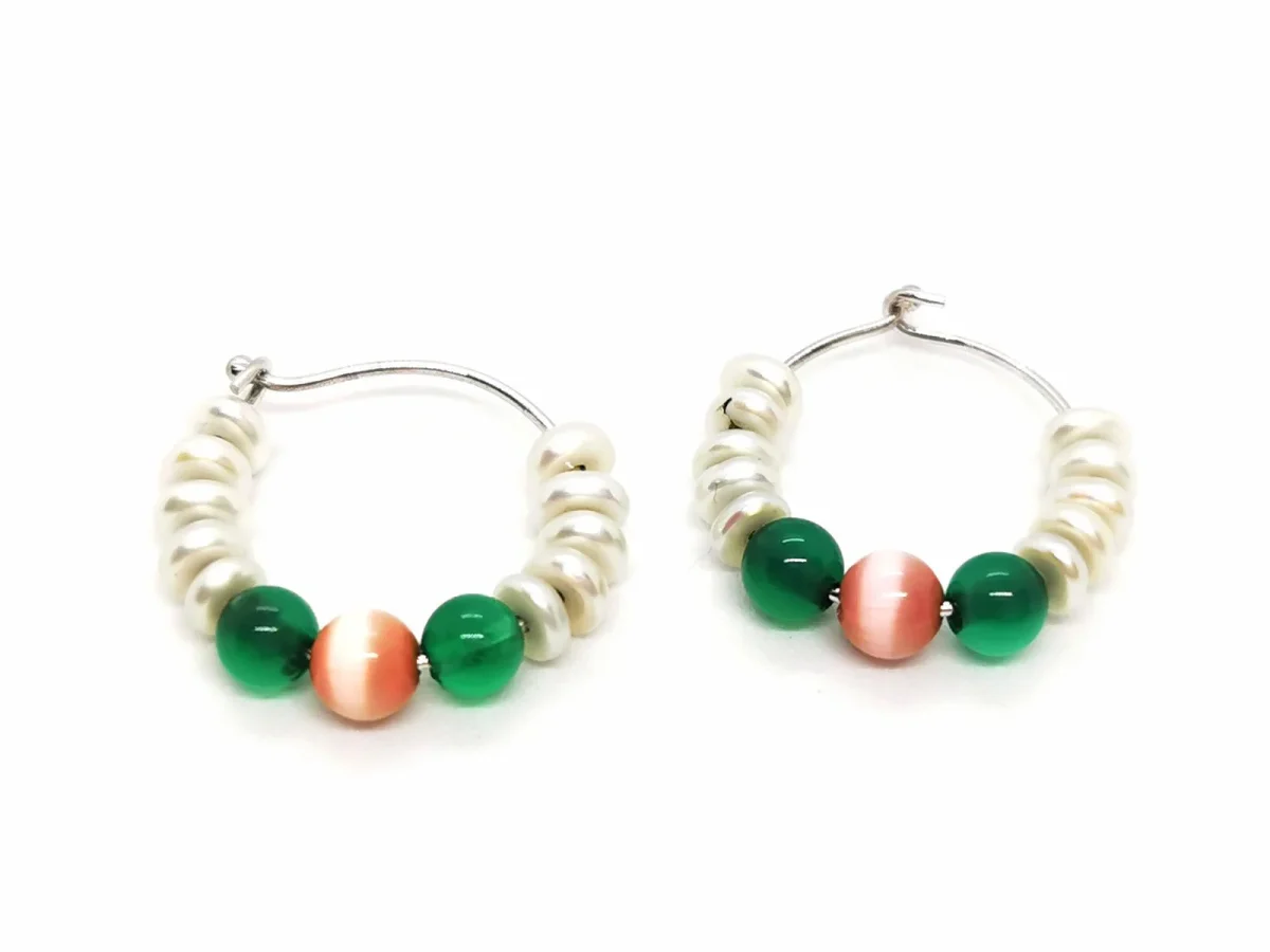 Boucles d'oreilles Créoles Or blanc Perle, Agate, Œil de tigre