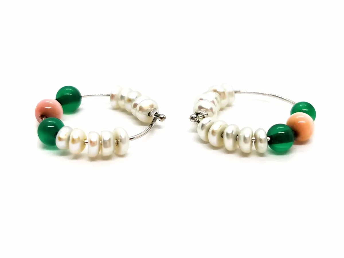 Boucles d'oreilles Créoles Or blanc Perle, Agate, Œil de tigre – Image 3