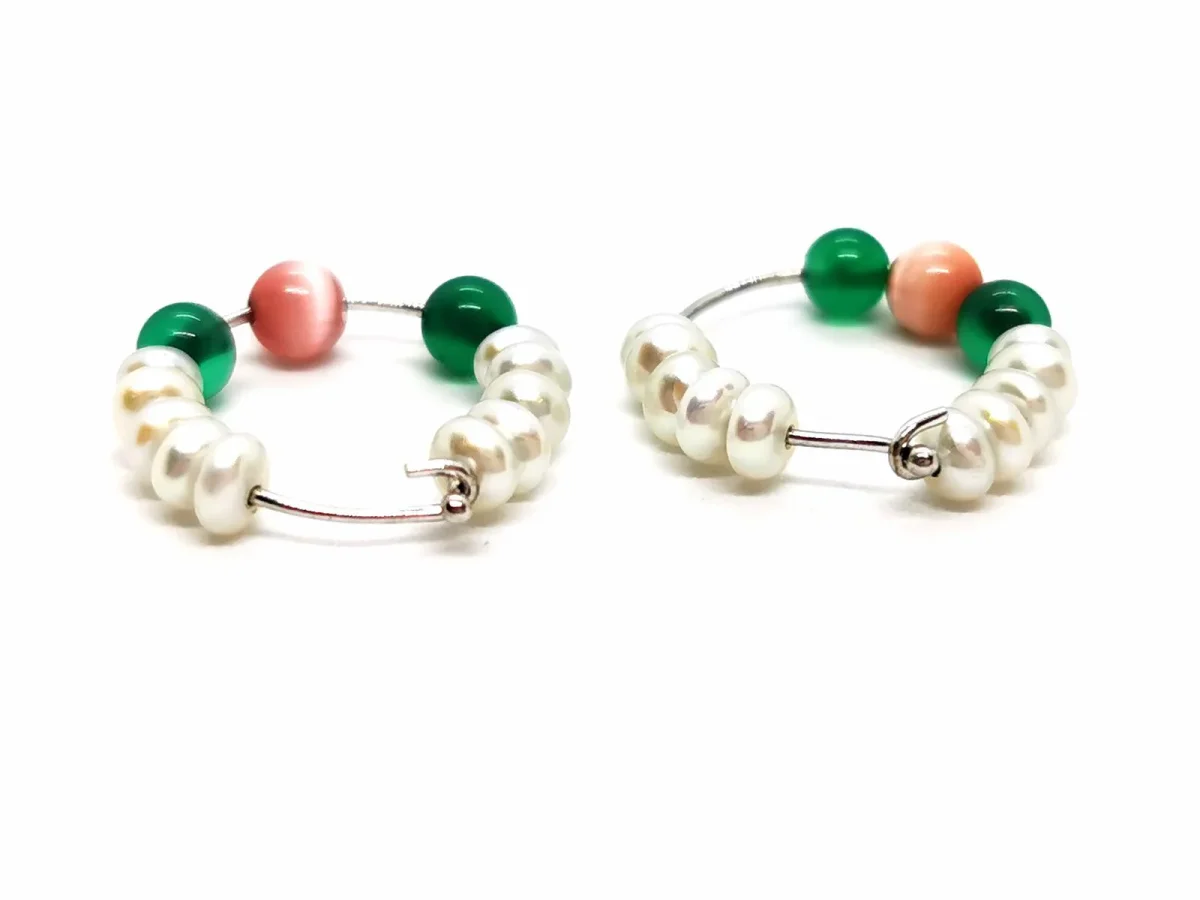 Boucles d'oreilles Créoles Or blanc Perle, Agate, Œil de tigre – Image 4