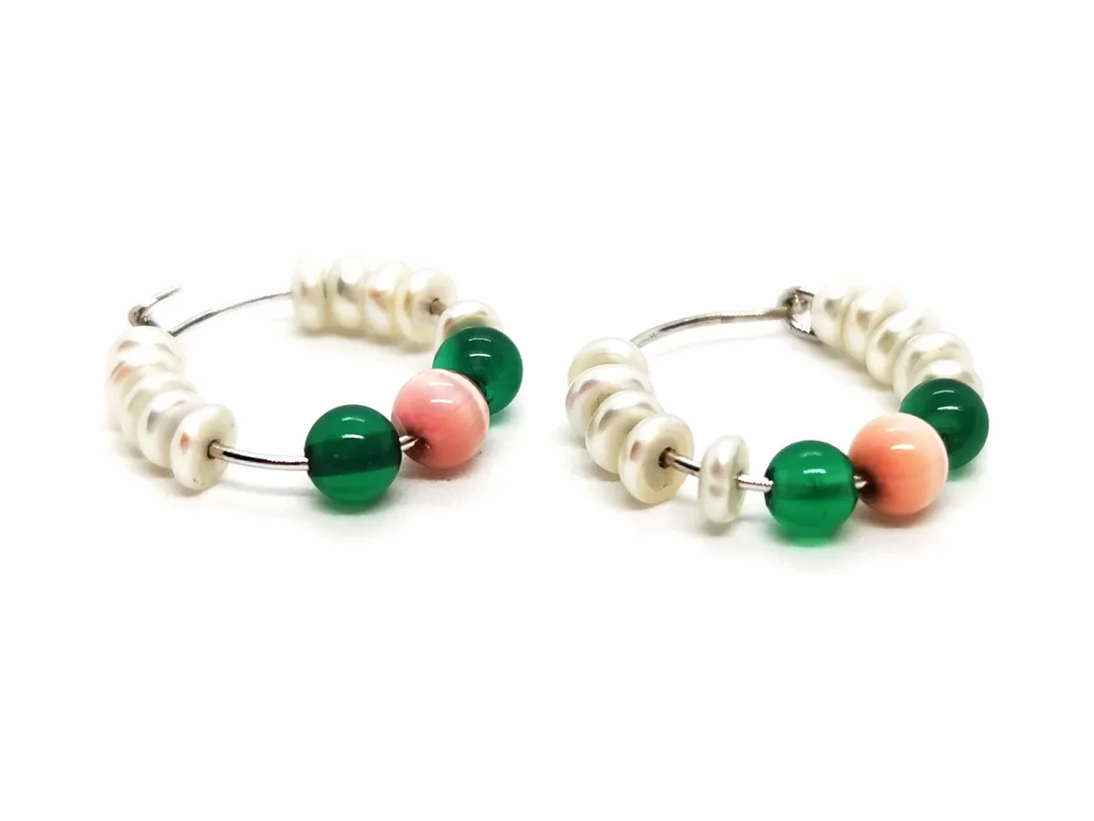 Boucles d'oreilles Créoles Or blanc Perle, Agate, Œil de tigre – Image 5