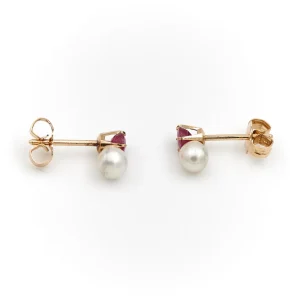 Boucles d'oreilles Puces Or jaune Rubis, Perle