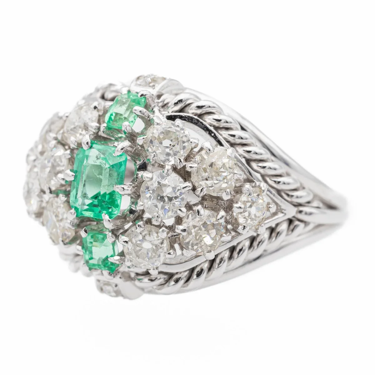 Bague Cocktail Or blanc, Platine Emeraude, Diamant – Image 4