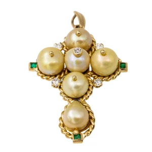 Pendentif Croix Or jaune Perle, Diamant, Emeraude