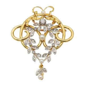 Broche Or jaune, Or blanc, Or rose Perle, Diamant