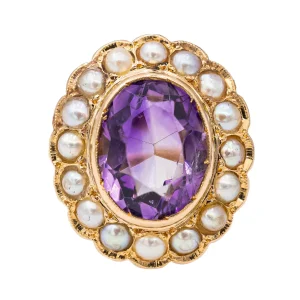 Bague Cocktail Or rose Améthyste, Perle