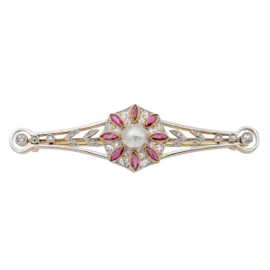 Broche Or jaune Perle mabé, Rubis synthétique, Diamant