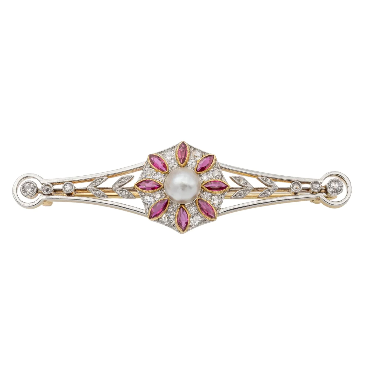 Broche Or jaune Perle mabé, Rubis synthétique, Diamant