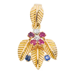 Pendentif Feuille Or jaune, Or rose Diamant, Rubis, Saphir