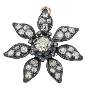 Pendentif Fleur Or jaune, Argent Diamant