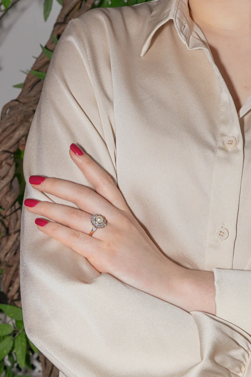 Bague Marguerite Or rose, Platine Perle, Diamant – Image 3