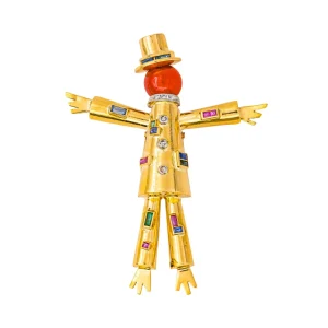 Lacloche Broche Epouvantail Or jaune, Platine Cornaline, Saphirs, Diamant