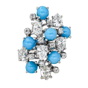Bague Cocktail Argent Diamant, Turquoise