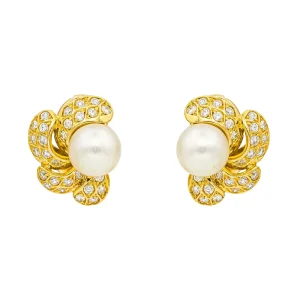 Boucles d'oreilles Clips Or jaune Diamant, Perle de culture