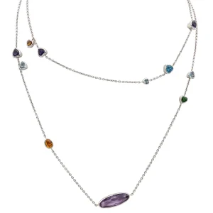 Collier Sautoir Or blanc Saphir, Améthyste, Aigue marine