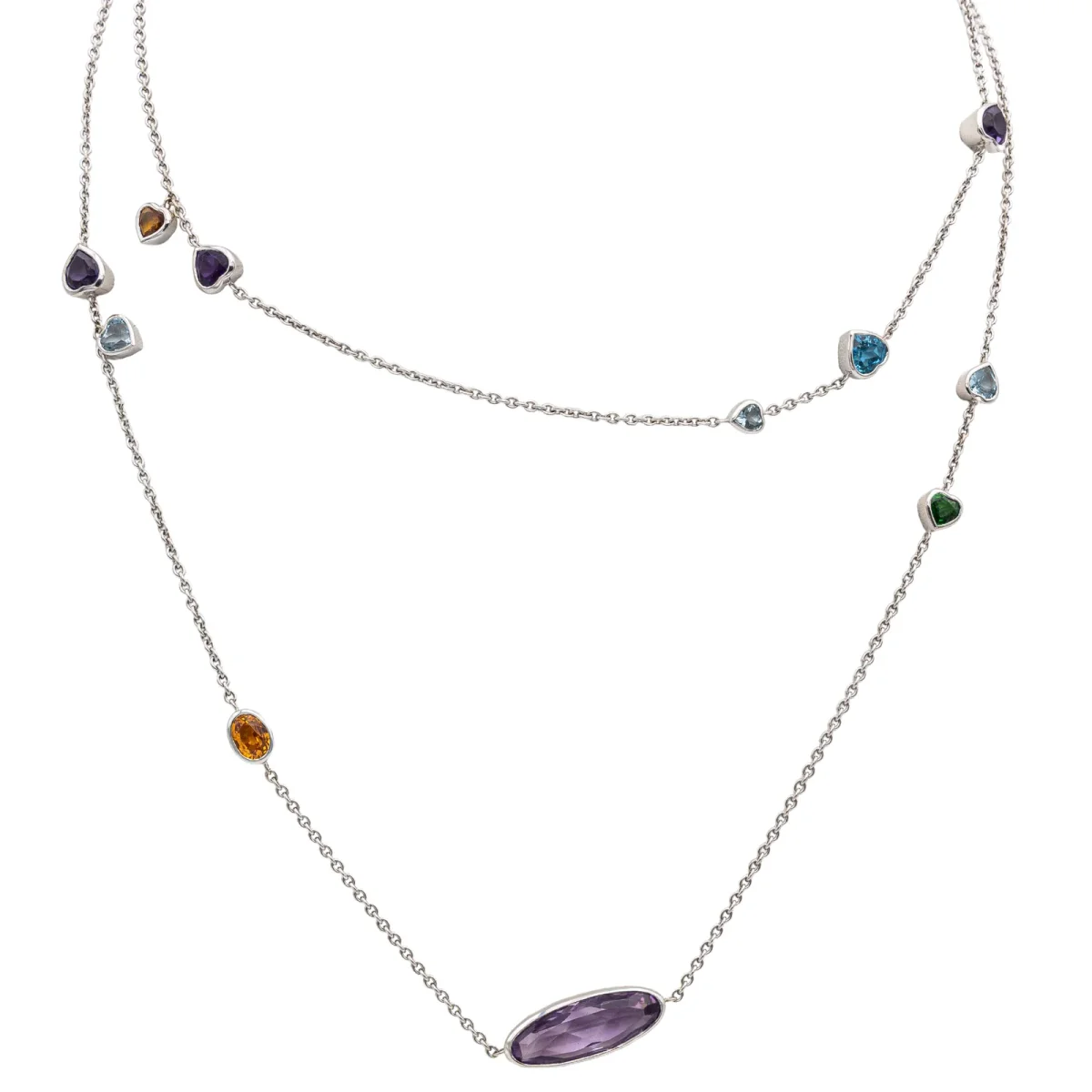 Collier Sautoir Or blanc Saphir, Améthyste, Aigue marine