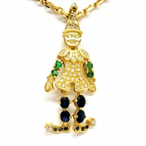 Collier Chaîne + pendentif Or jaune Saphir, Diamant, Emeraude