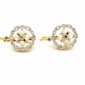 Boucles d'oreilles Art déco Or jaune, Or blanc Diamant, Perle