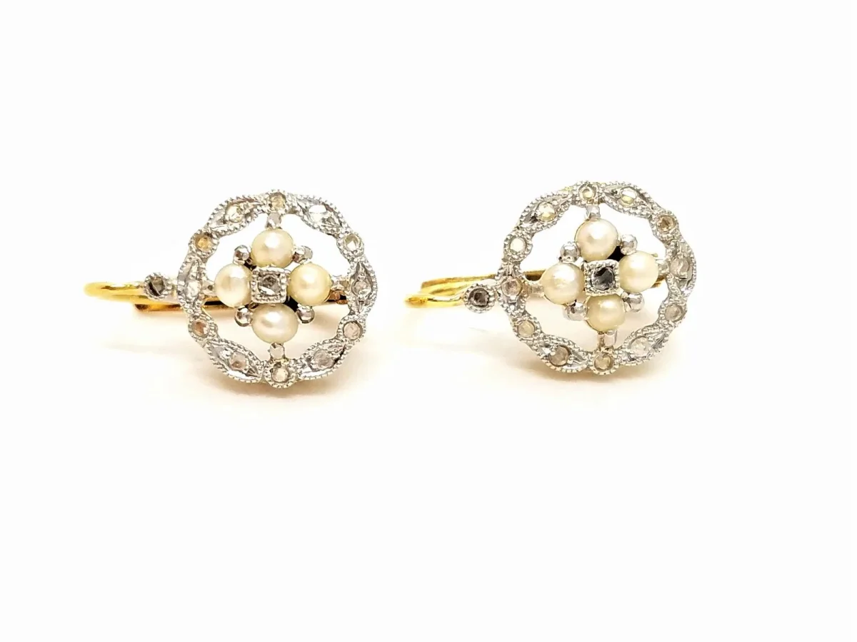 Boucles d'oreilles Art déco Or jaune, Or blanc Diamant, Perle